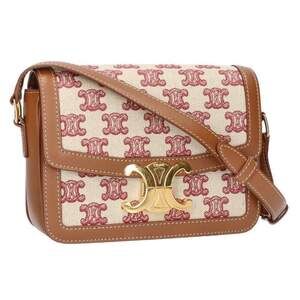 Celine Teen Triomphe Canvas Calfskin Shoulder Bag Off White Red Brown